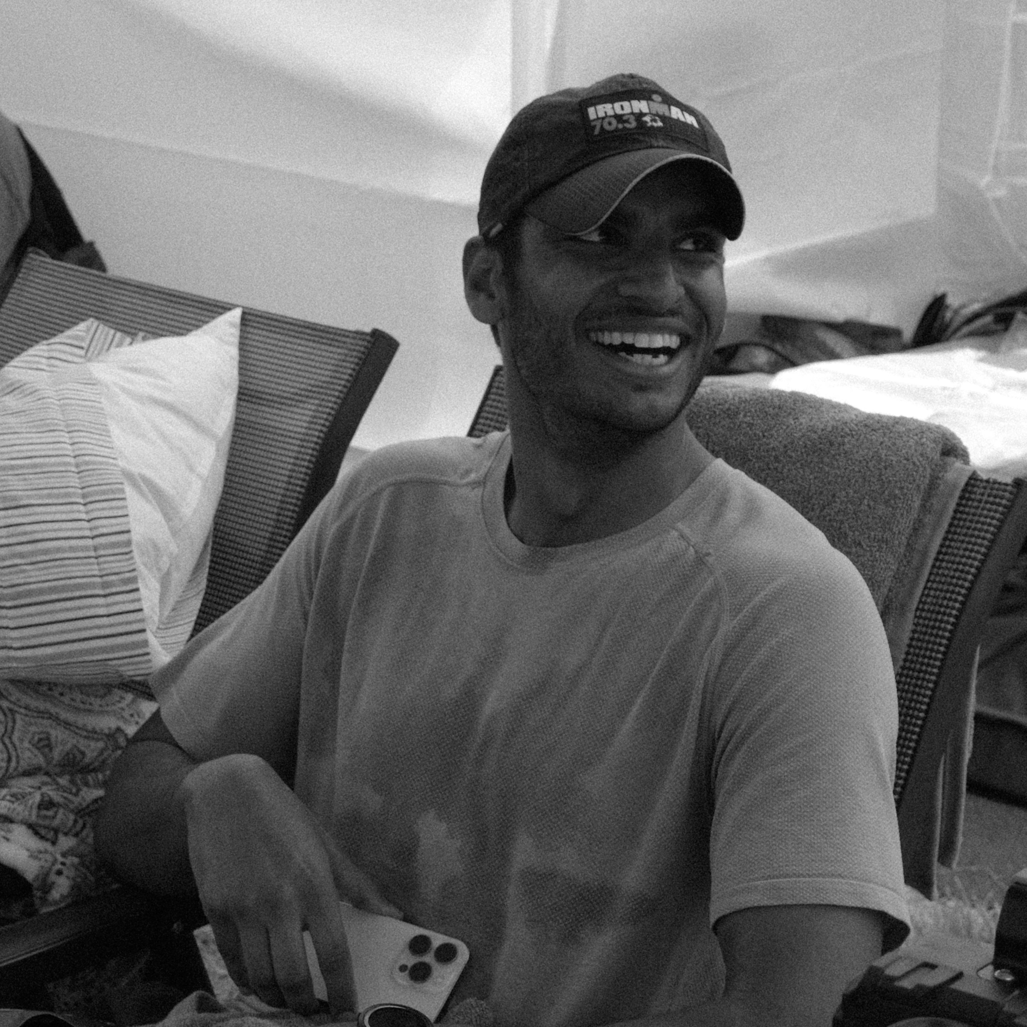 Nakul in the transition tent at an Ironman 70.3 race